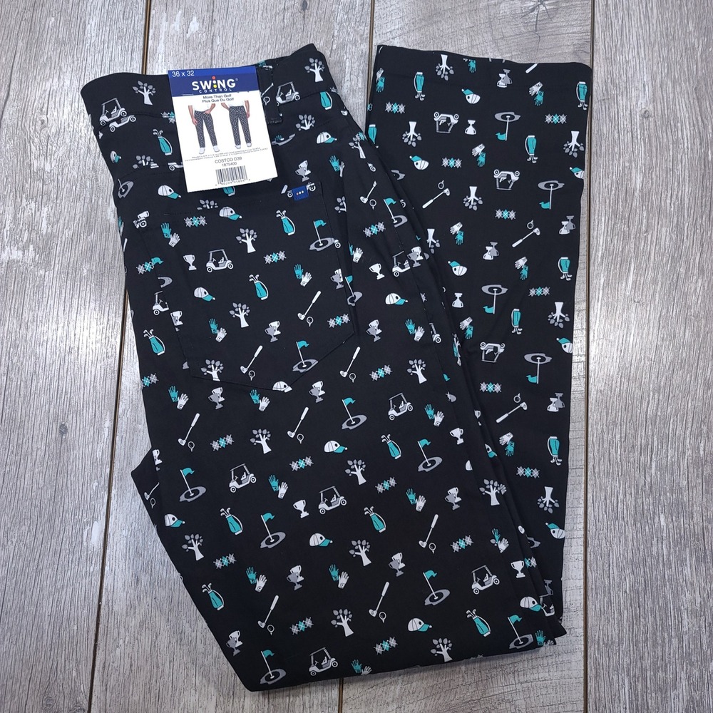 Swing Control Golf Pants Mens 36x32 Black Golf Cart Club Print Stretch Trousers